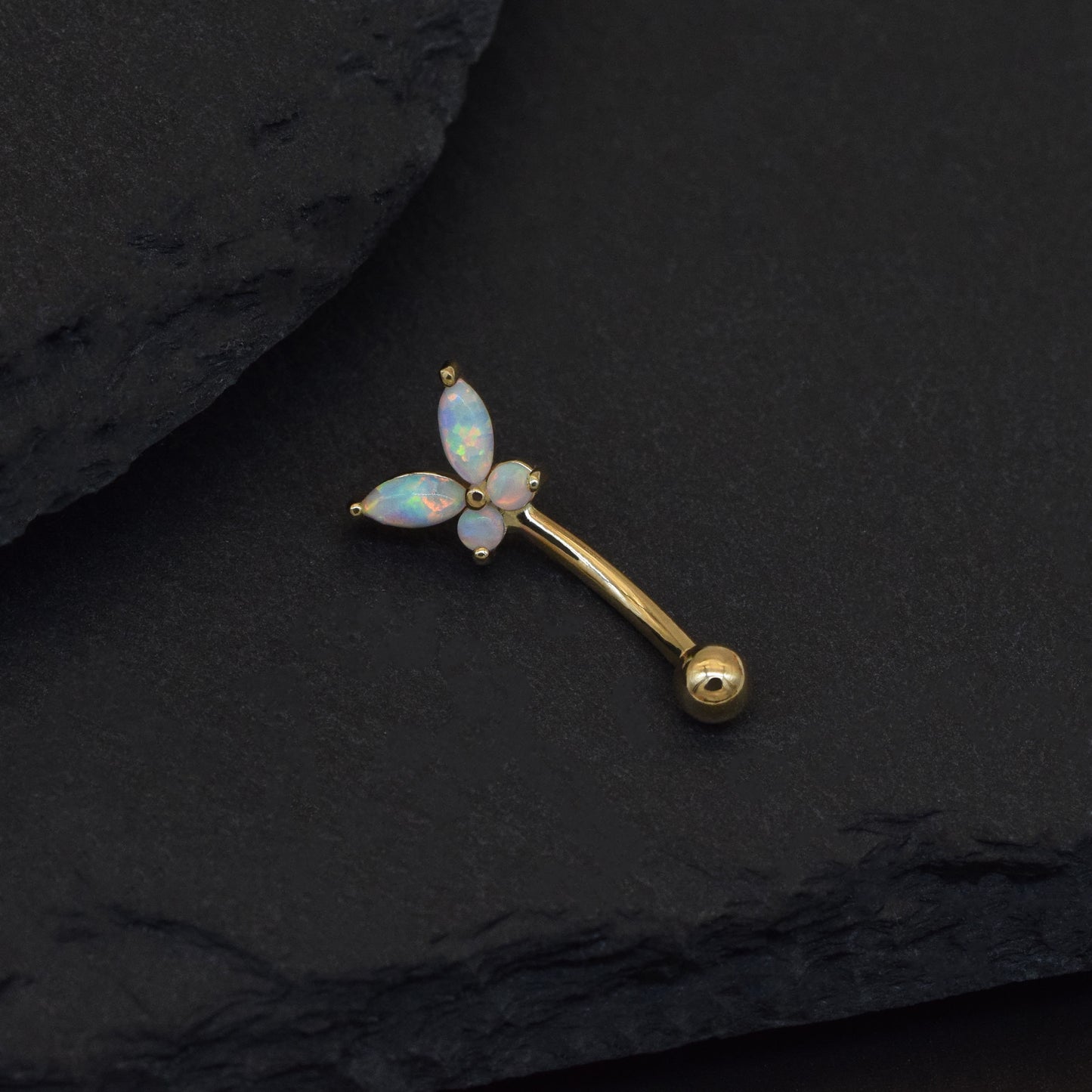 14K Solid Gold Butterfly Opal Curved Barbell 16G
