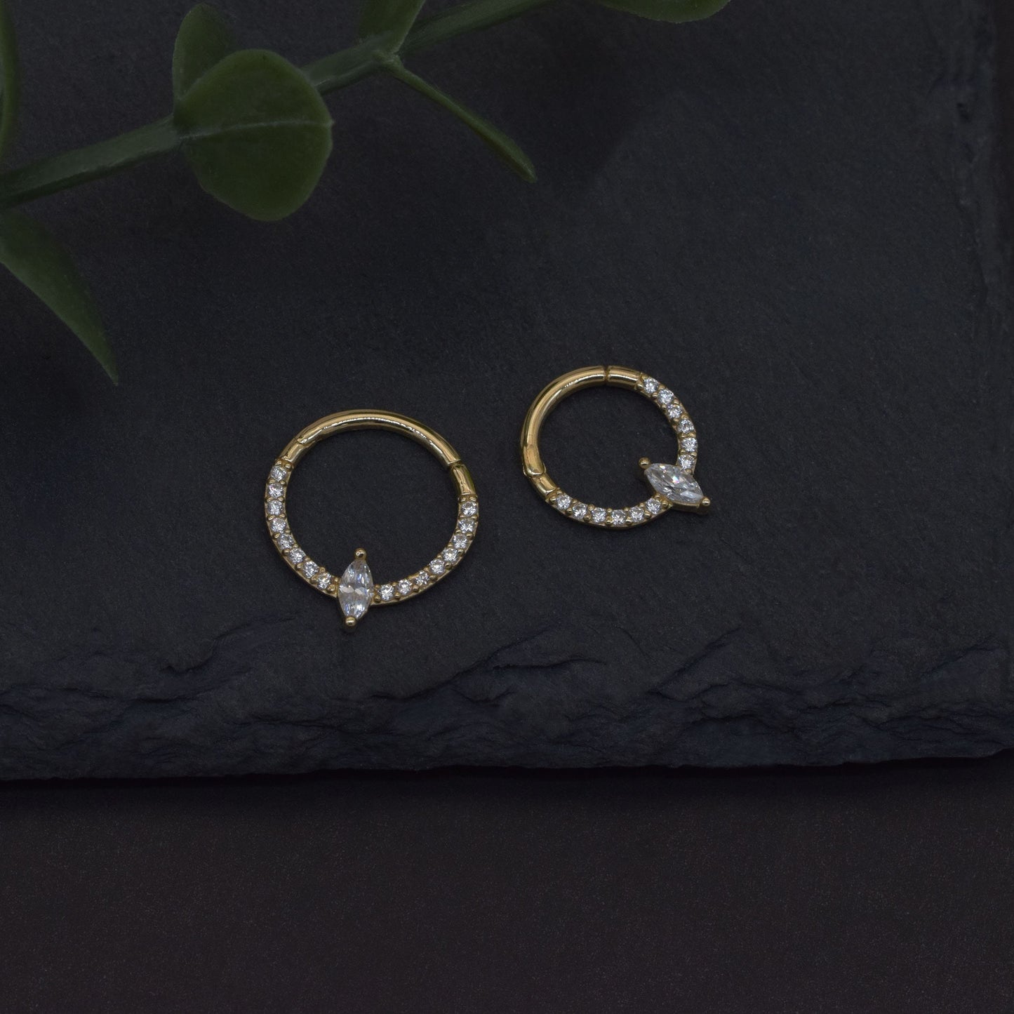 14K Solid Gold Marquise Septum Ring Diamond Daith Ear Clicker Cartilage Hoop 16g