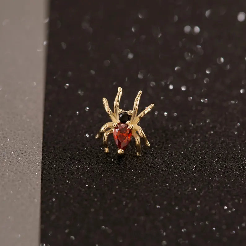 14K Solid Gold Red Spider Stud Earring for Cartilage