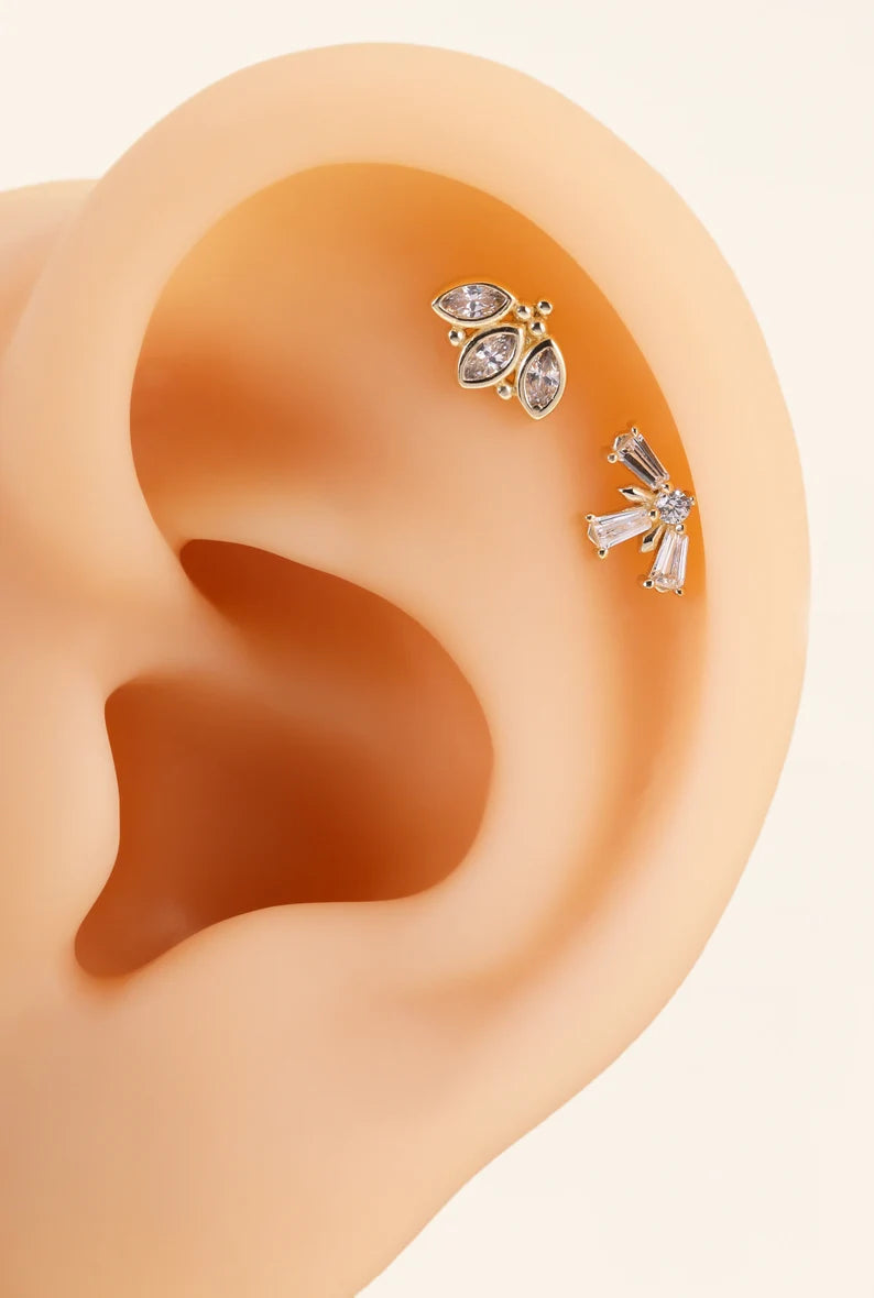 14K Gold Flower Geometric Cartilage Stud