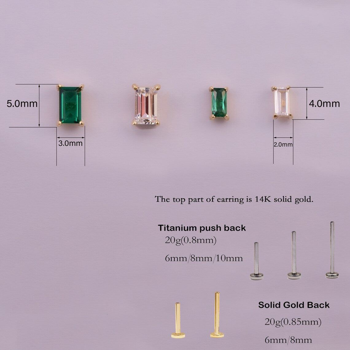 14K Gold Tiny Baguette Emerald Cartilage Stud