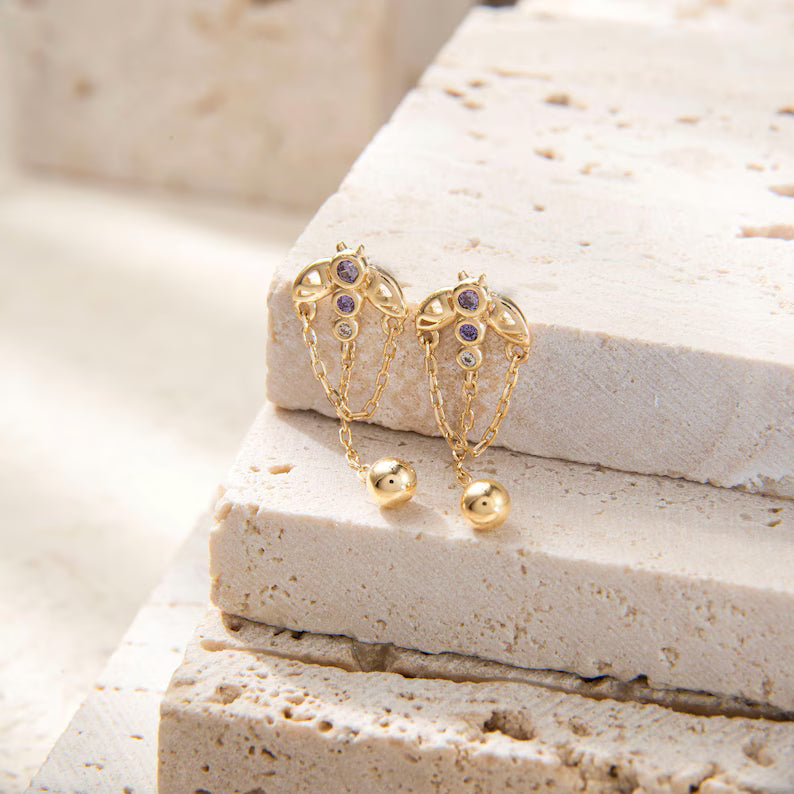 14K Gold Butterfly Chain Stud Earring