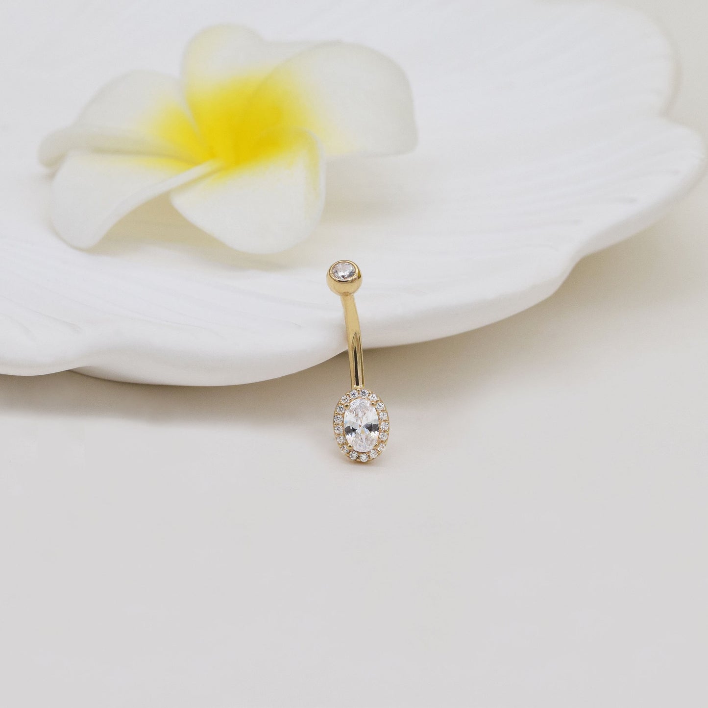 14K Solid Gold Diamond Belly Button Ring 14g Oval Navel Piercing 14g
