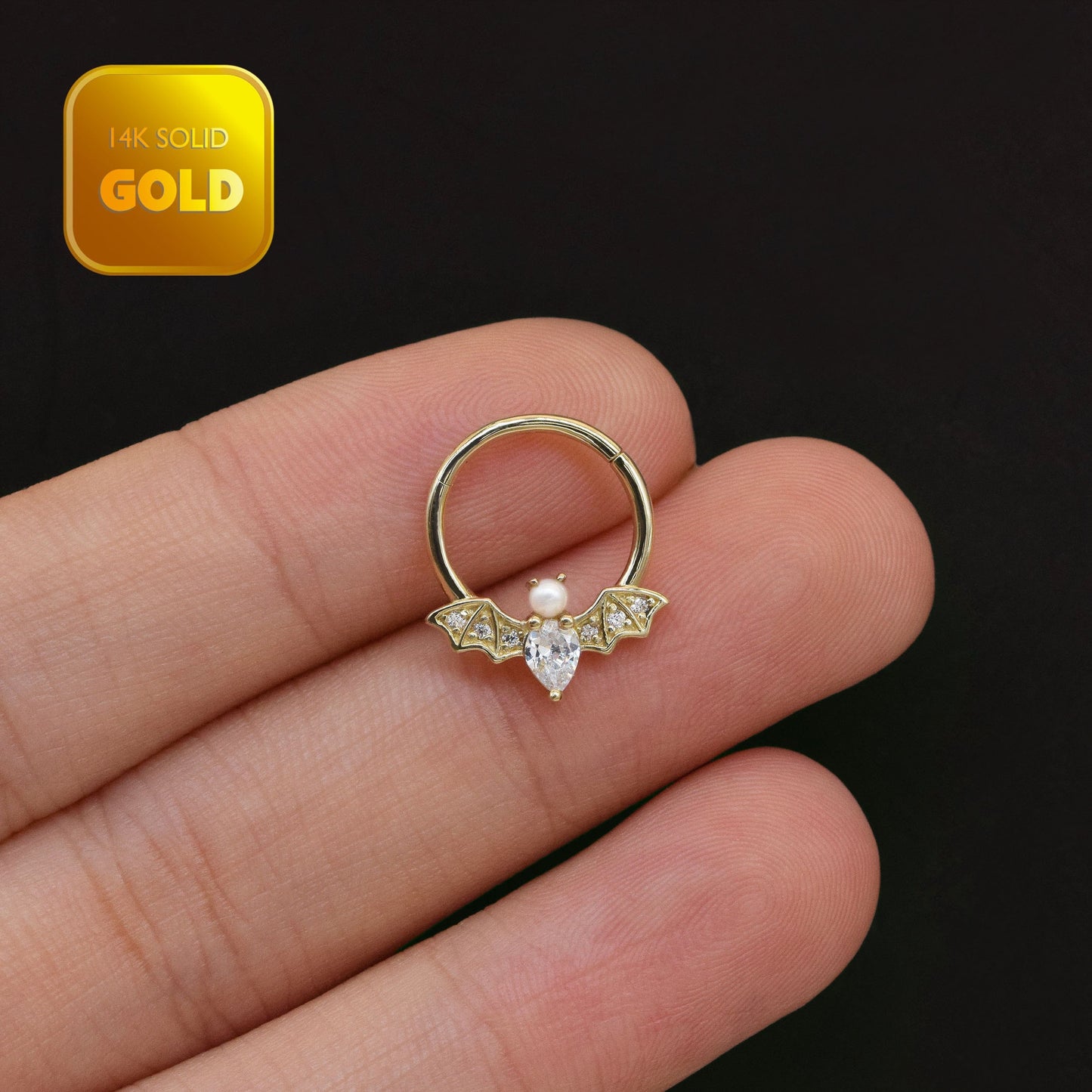 14K Solid Gold Bat Septum Ring 16g Pearl Nose Daith Conch Helix Earrings