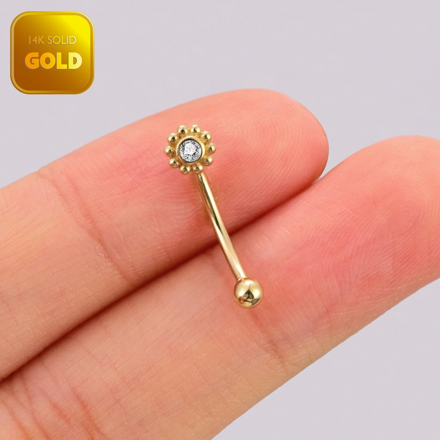 14K Solid Gold Sunflower Rook Piercing Curved Barbell Cubic Zirconia Belly Button 16g