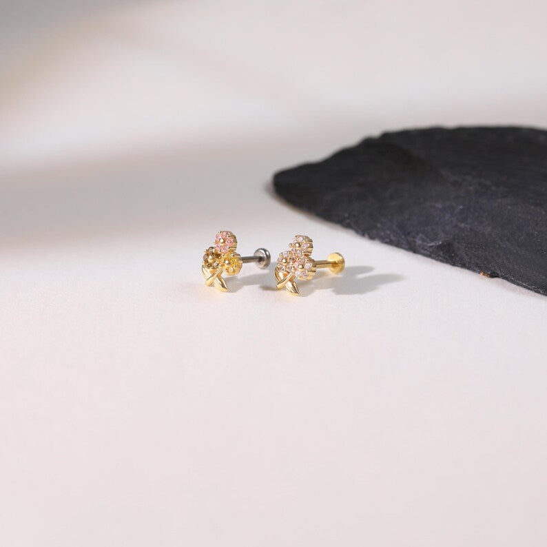 14K Solid Gold Flower Cartilage Stud Flat Back