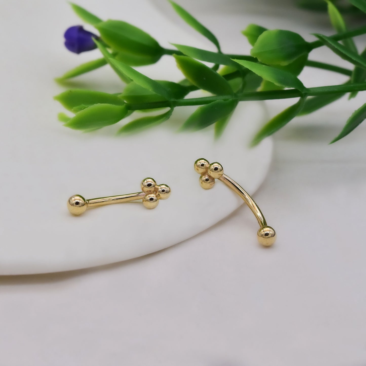 14K Solid Gold Trinity Ball Curved Barbell Earring 16G