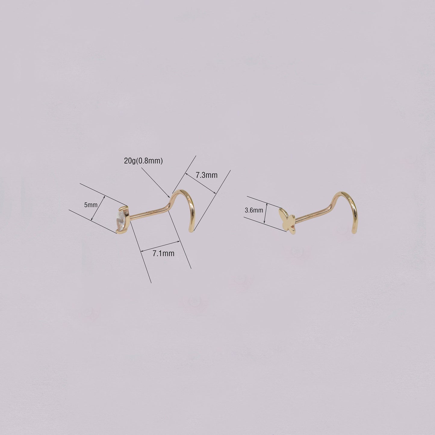 14K Solid Gold Butterfly Nose Ring 20G