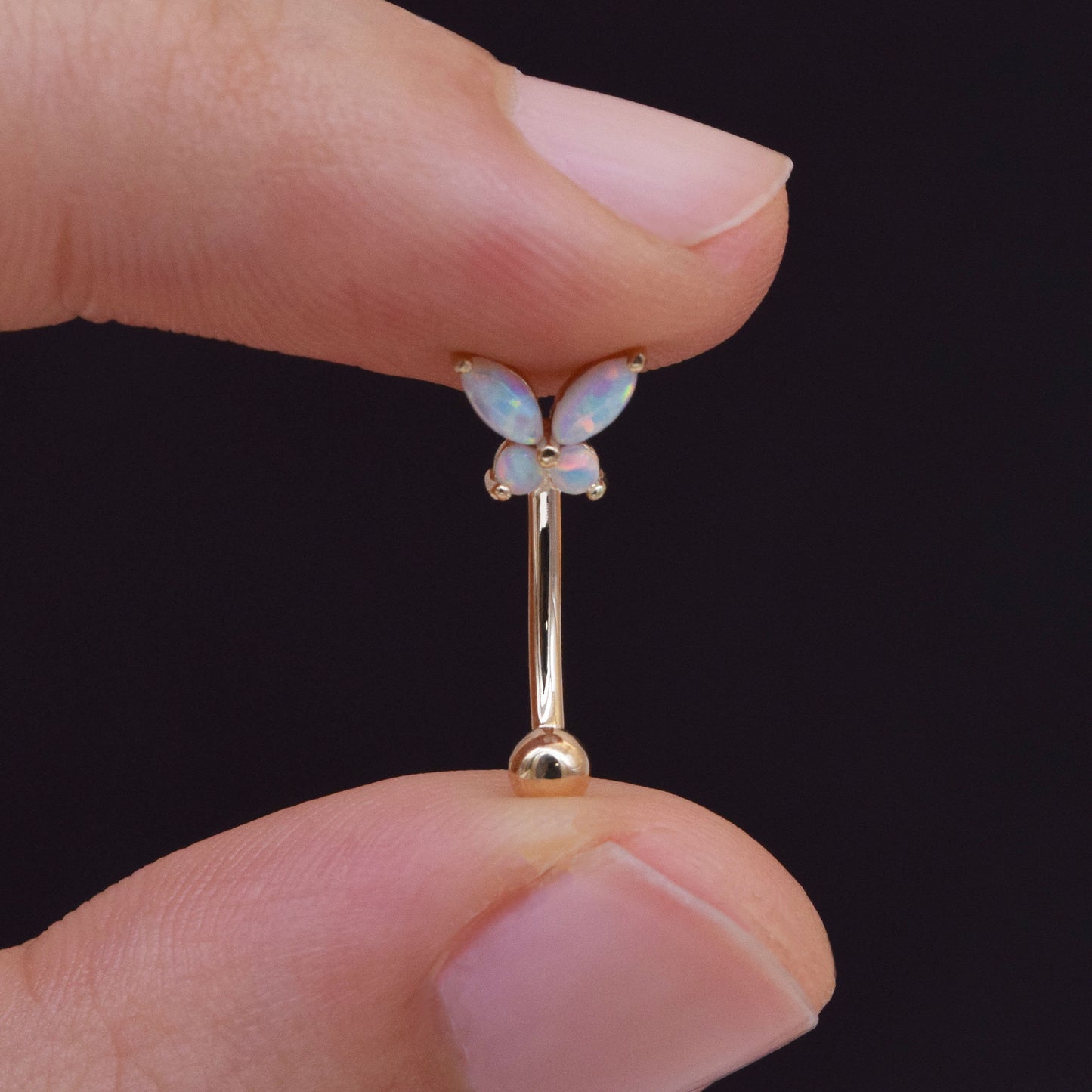 14K Solid Gold Butterfly Opal Curved Barbell 16G