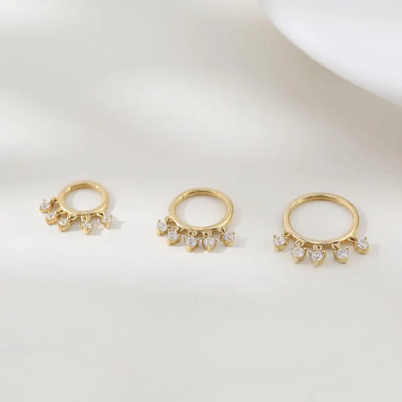 14K Gold Heart Dangle Cartilage Septum Helix Hoop 16g 6/8/10mm