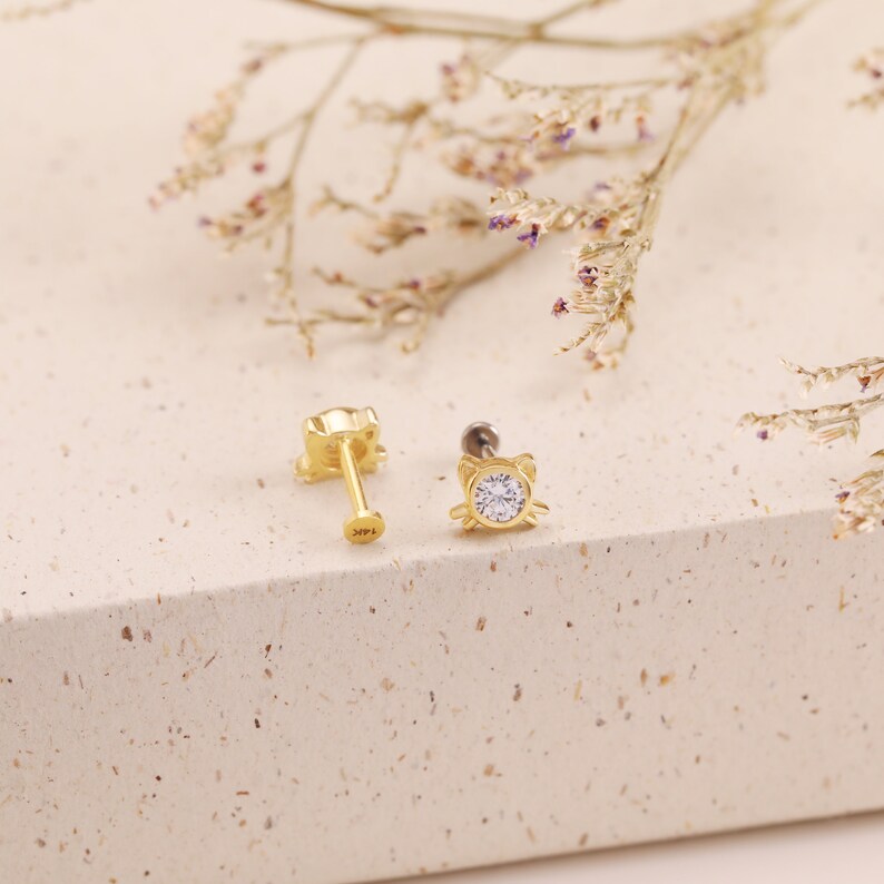 14K Gold Cat Cartilage Kitten Stud Earring