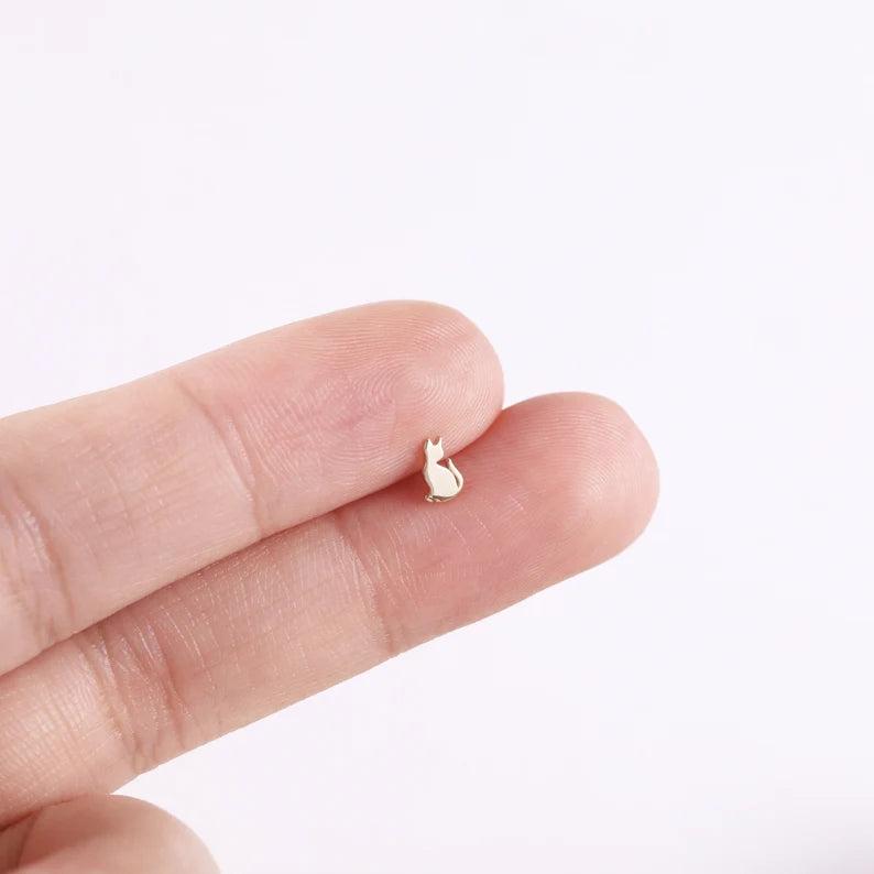 14K Solid Gold Cat Stud Earrings
