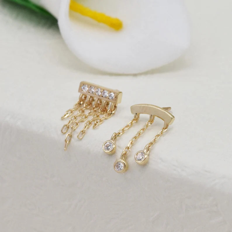 14K Solid Gold Bar Chain Earring