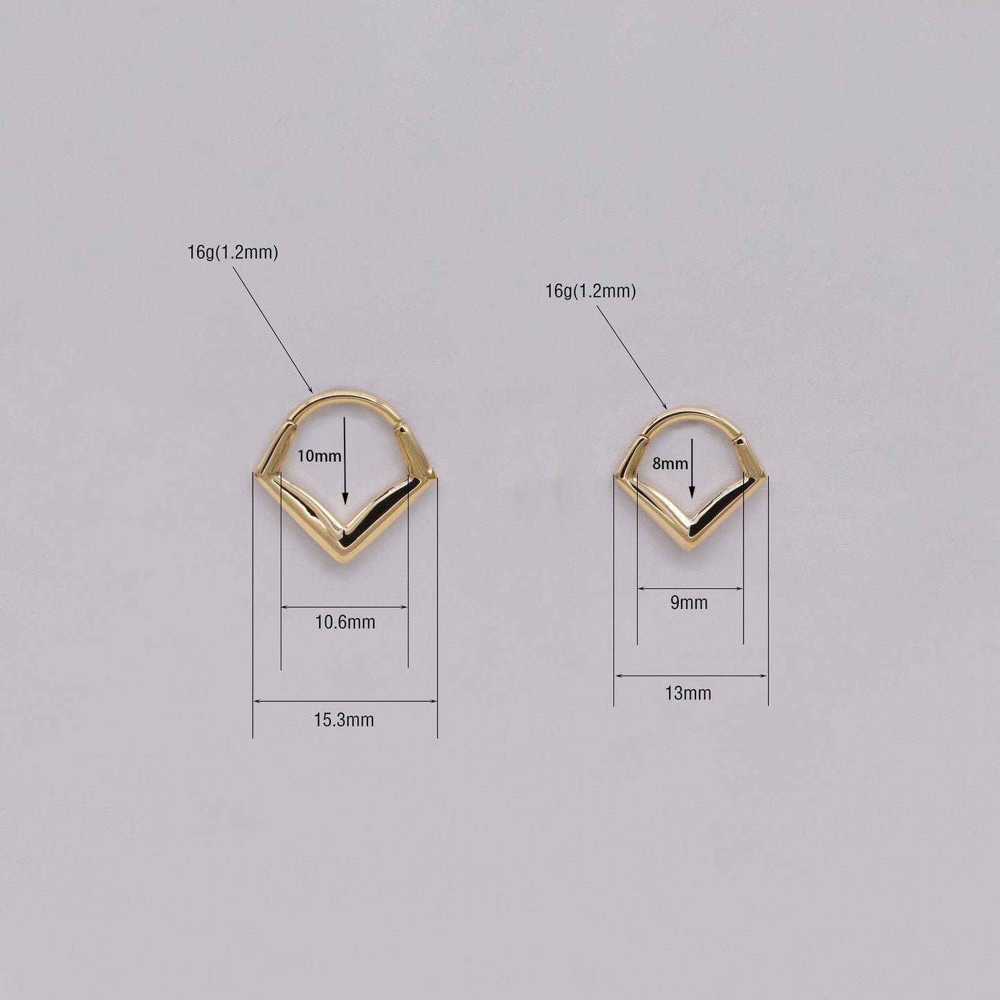 14K Solid Gold V-Shaped Septum Ring 16G