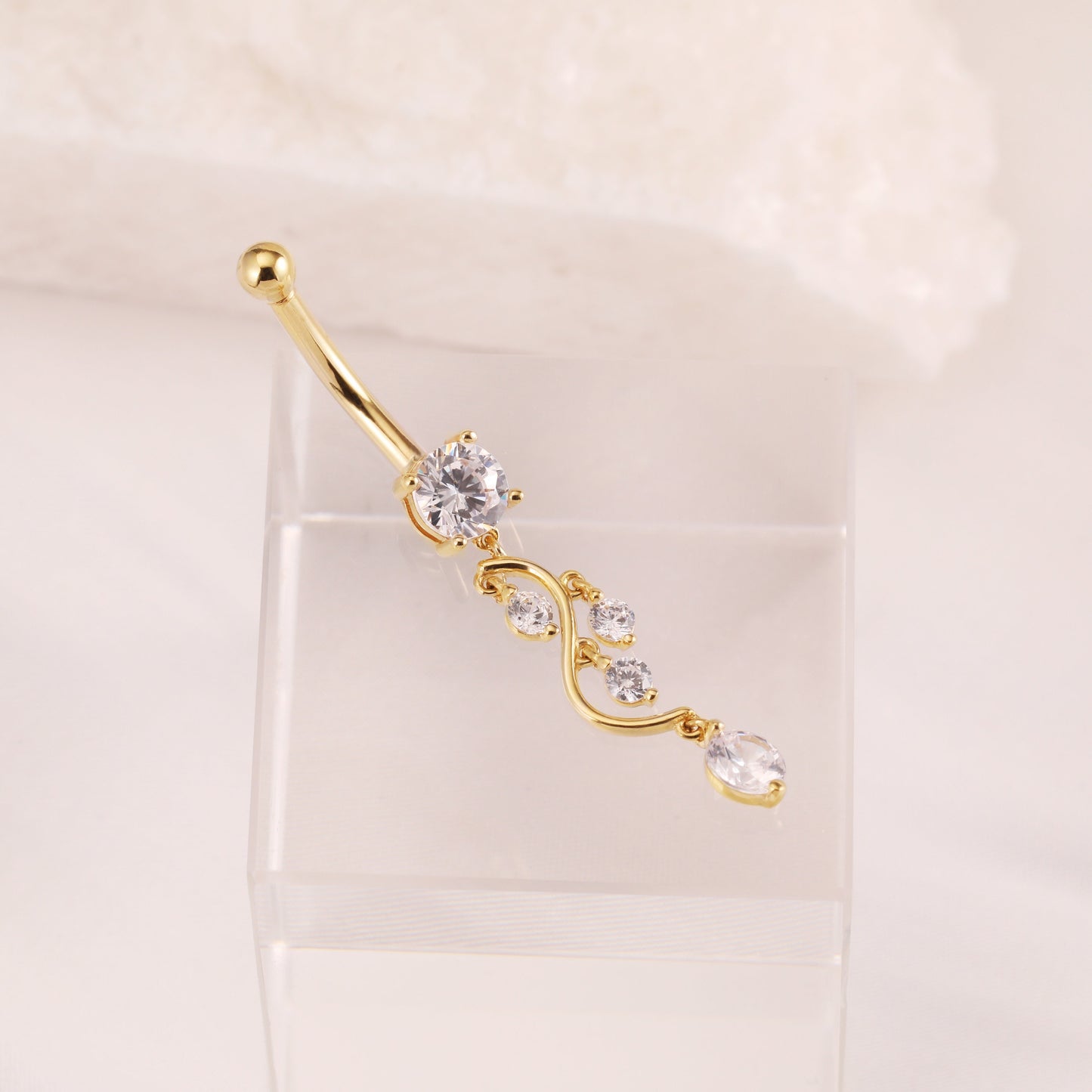 14K Solid Gold Crystal Leaves Belly Ring