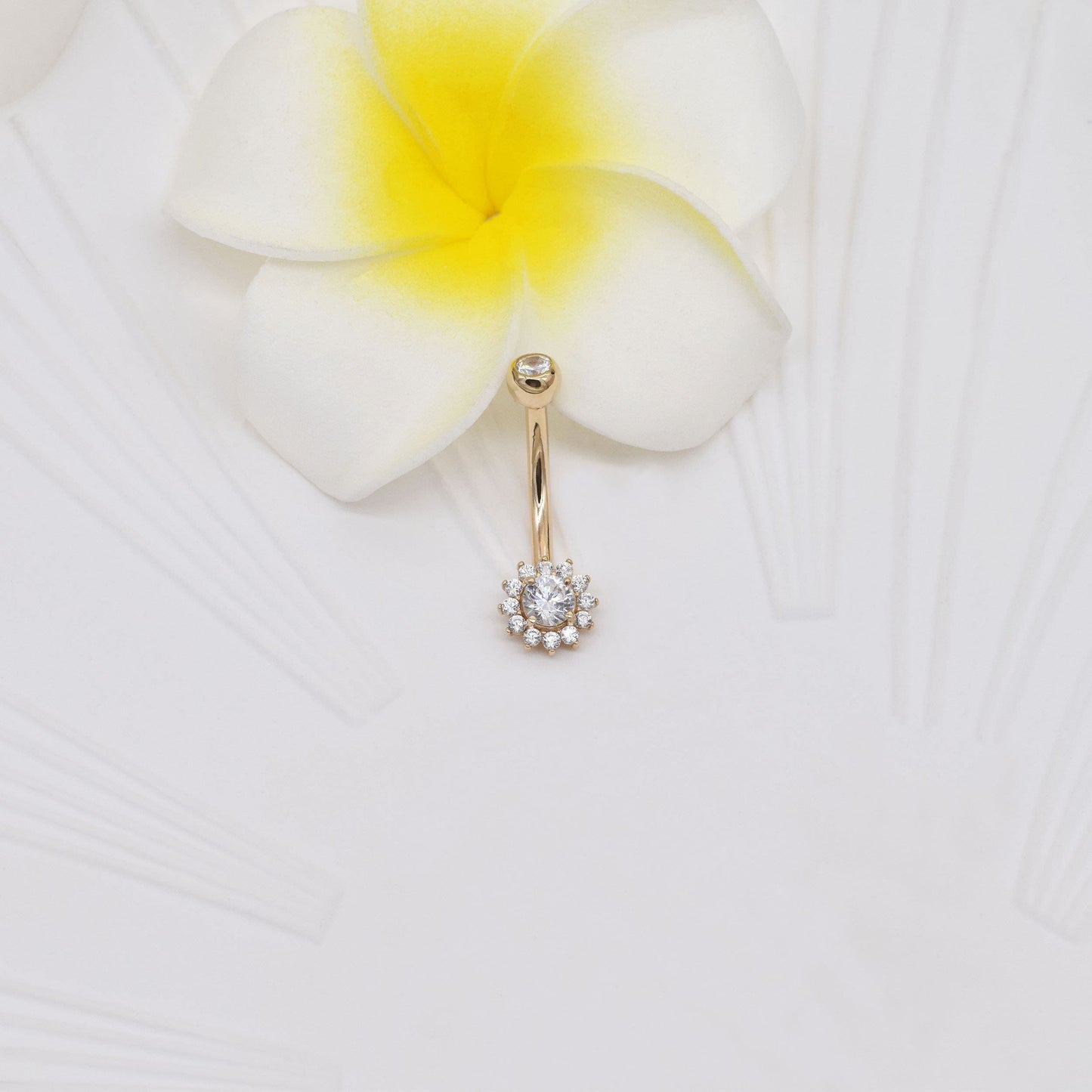 14K Solid Gold Sunflower Belly Ring Curved Barbell 14g