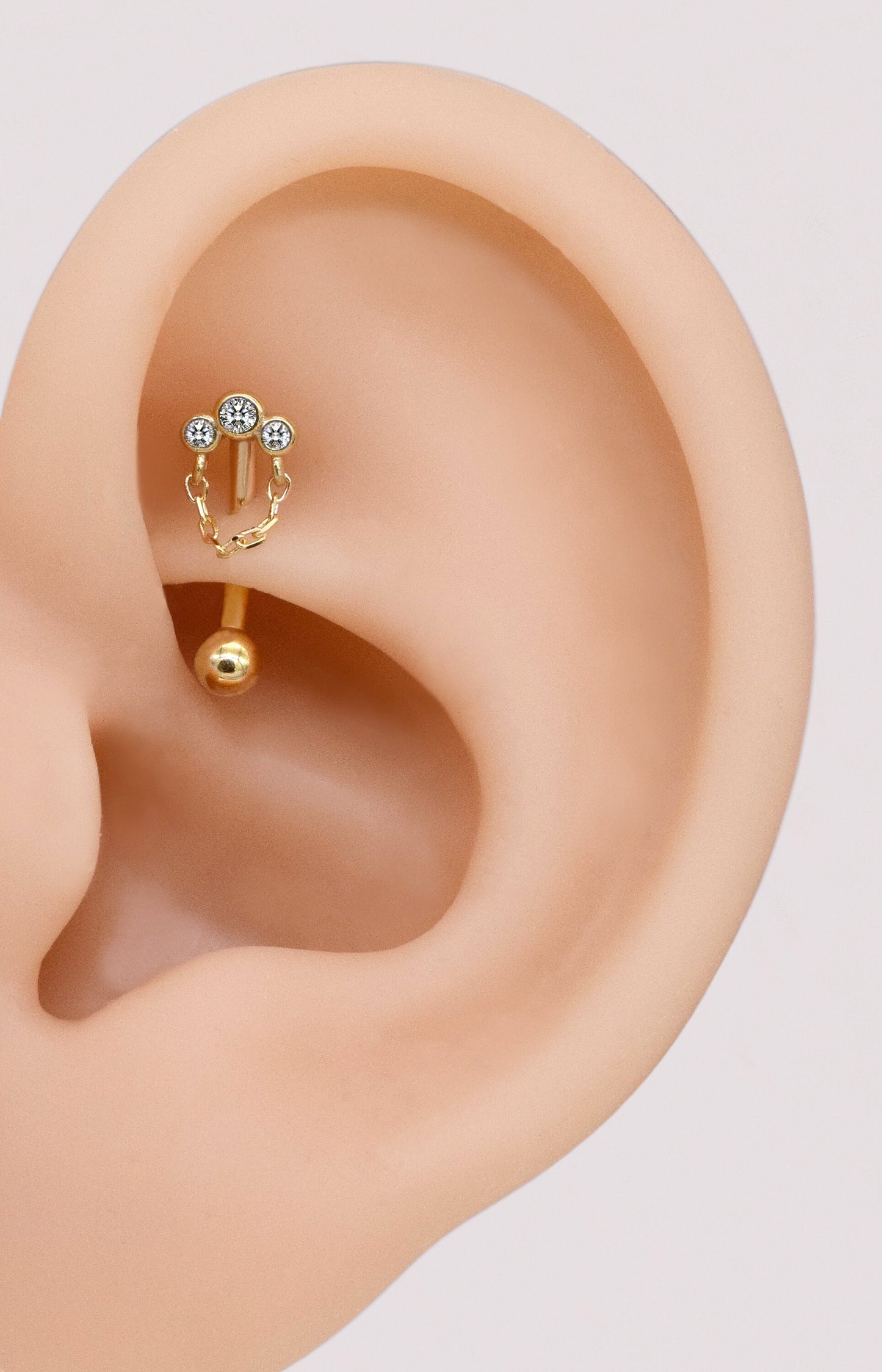 14K Solid Gold 3 Bezel Stone Rook Daith Piercing Chain Curved Barbell