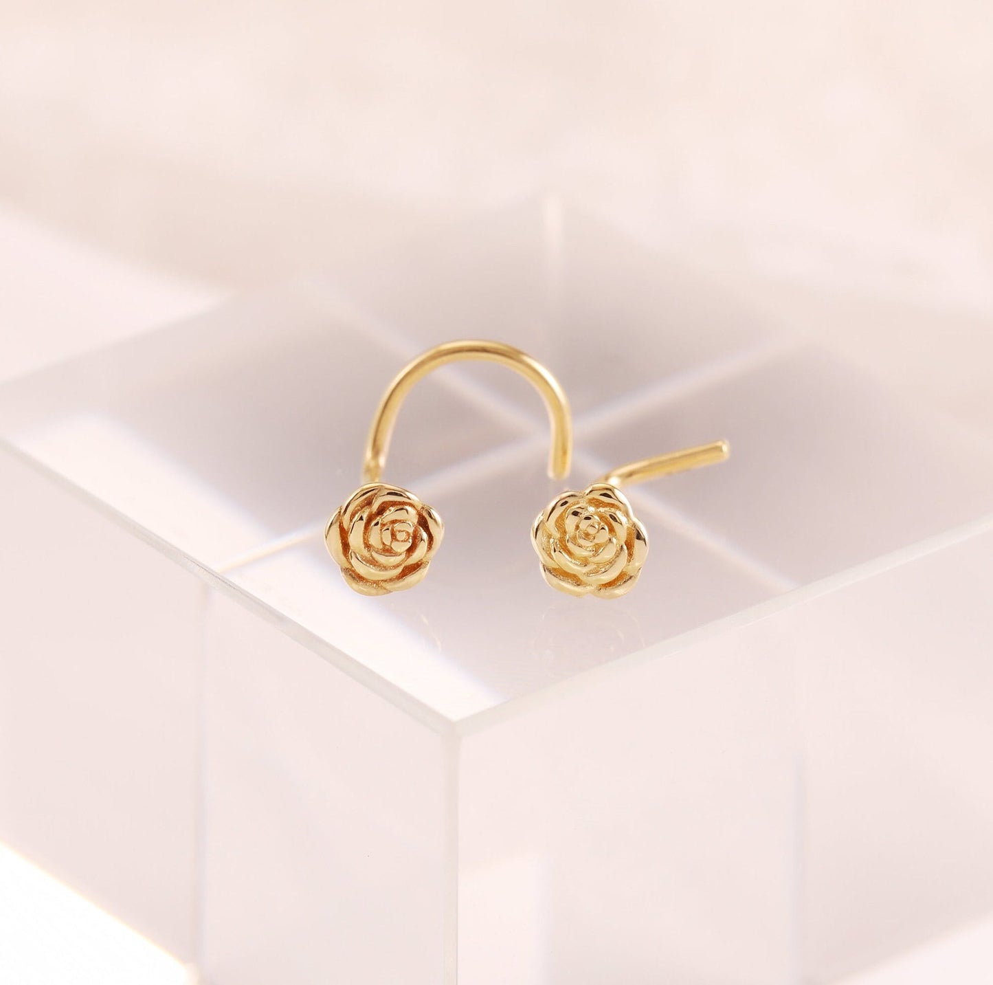 14K Solid Gold Rose Nose Stud Tiny L-Shape Flower Ring Dainty S-shape Piercing 20g
