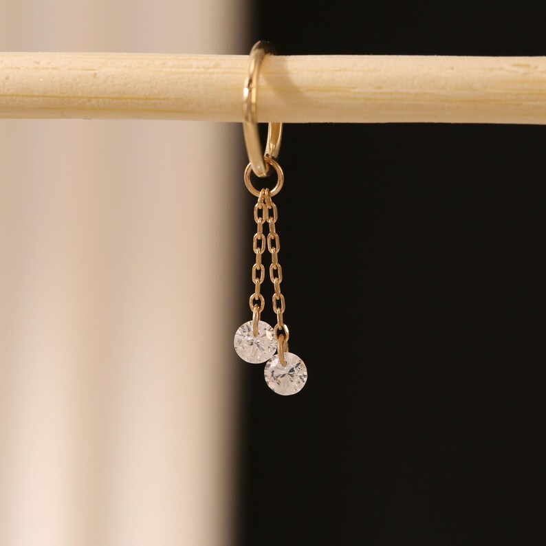 14K Gold Double Chain CZ Cartilage Hoop Charm