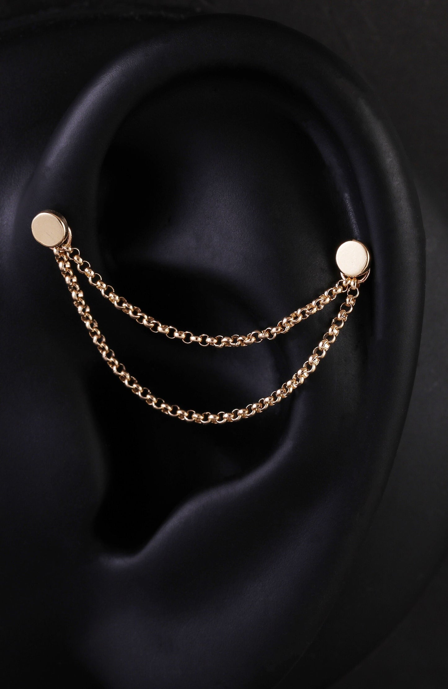 14K Solid Gold Triple Chain Earring Double Chain Piercing Helix Link Connector