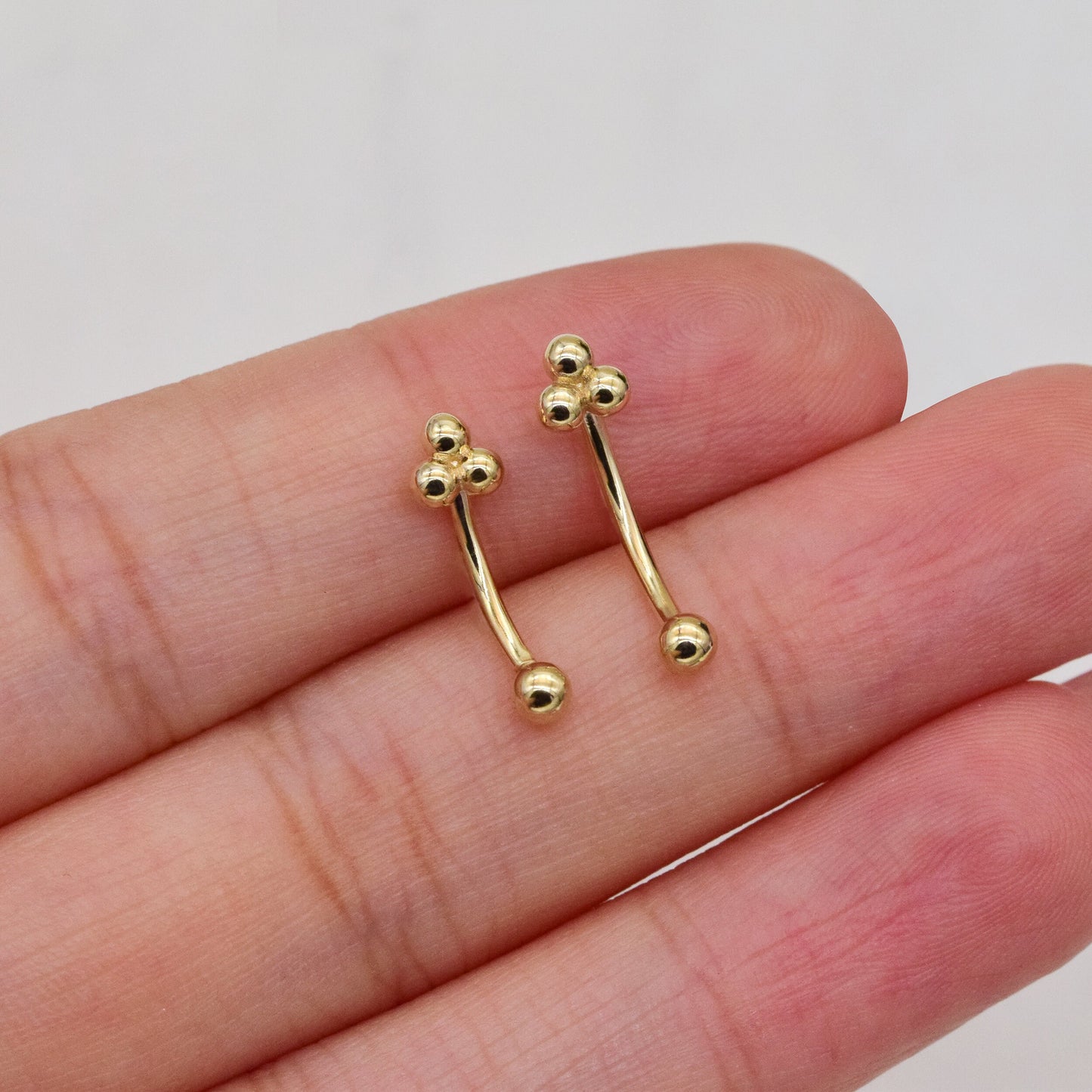 14K Solid Gold Trinity Ball Curved Barbell Earring 16G