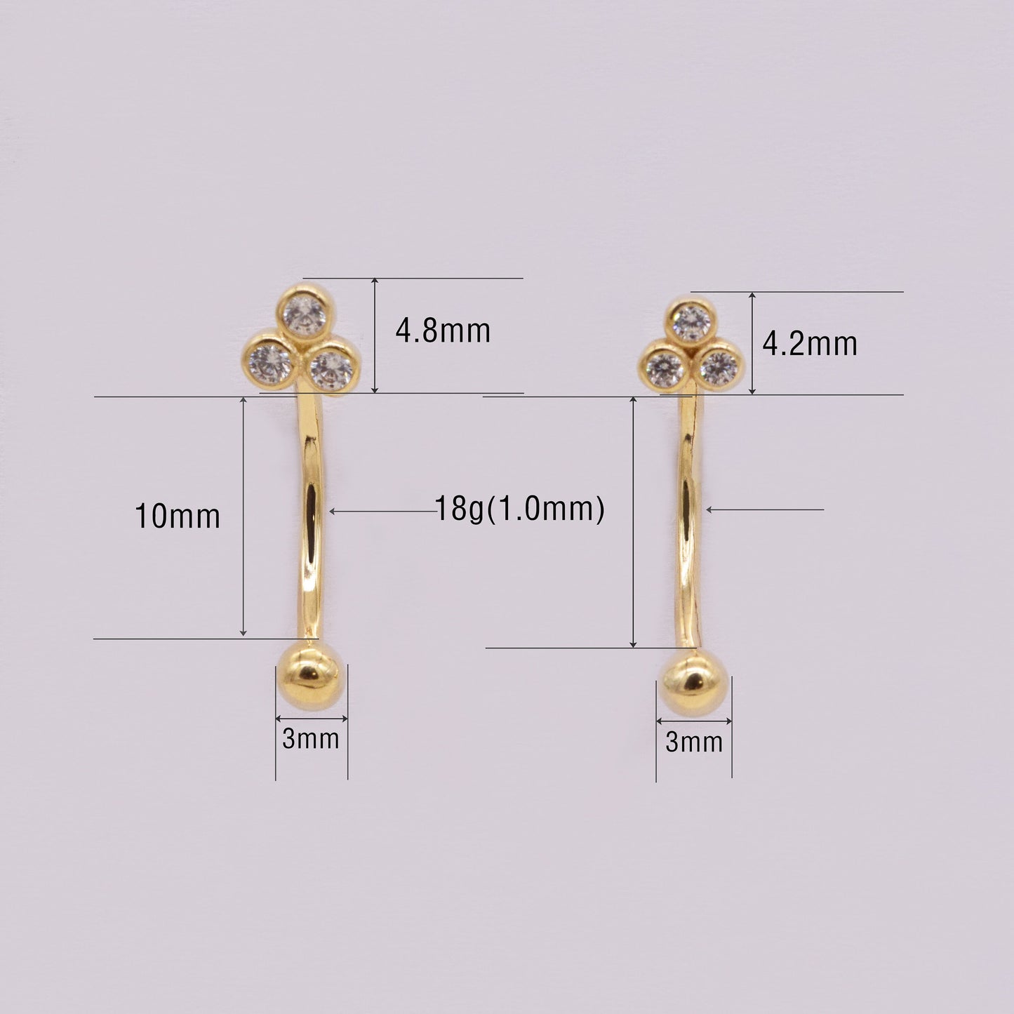 14K Solid Gold Floral Cubic Zirconia Curved Barbell Earring 16G