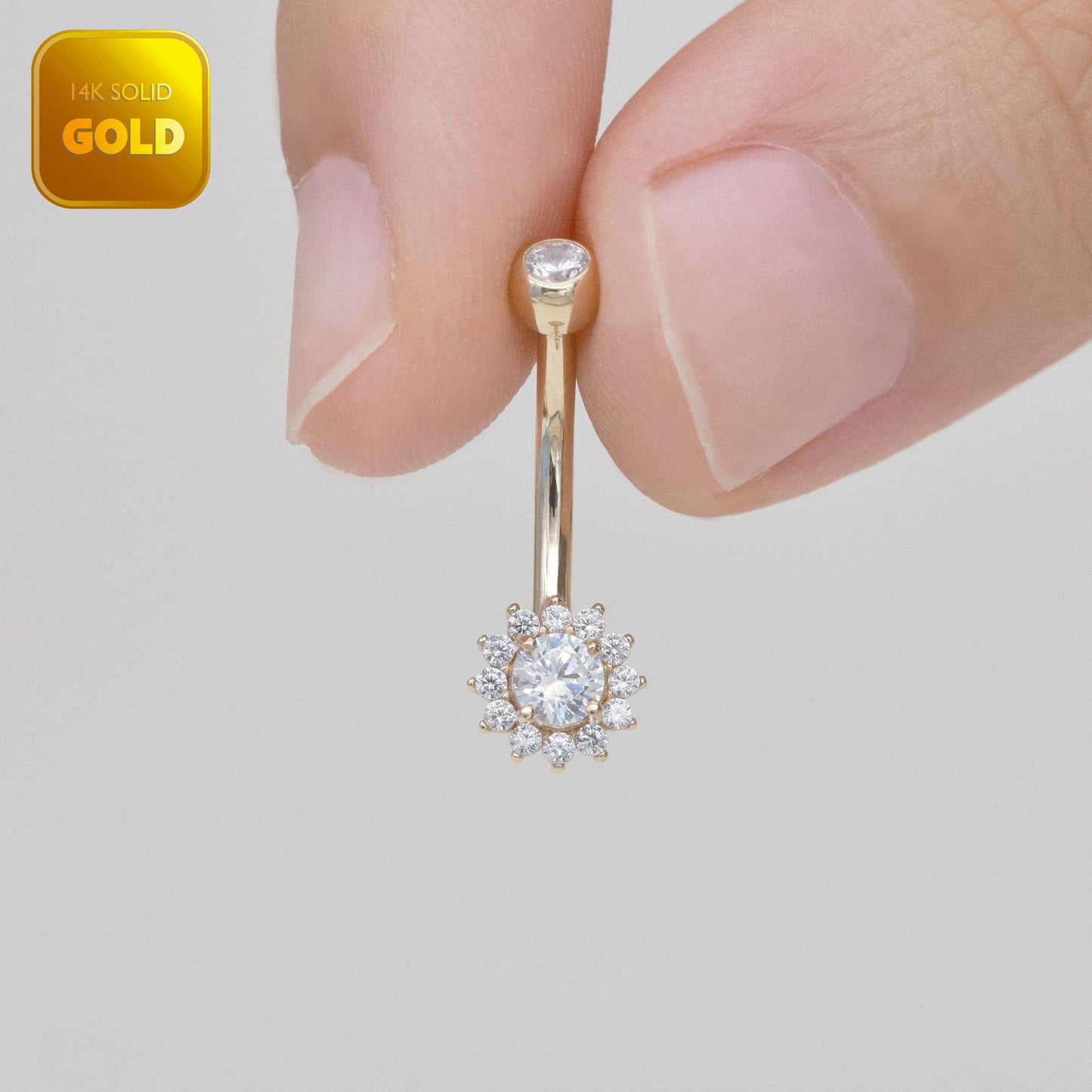 14K Solid Gold Sunflower Belly Ring Curved Barbell 14g