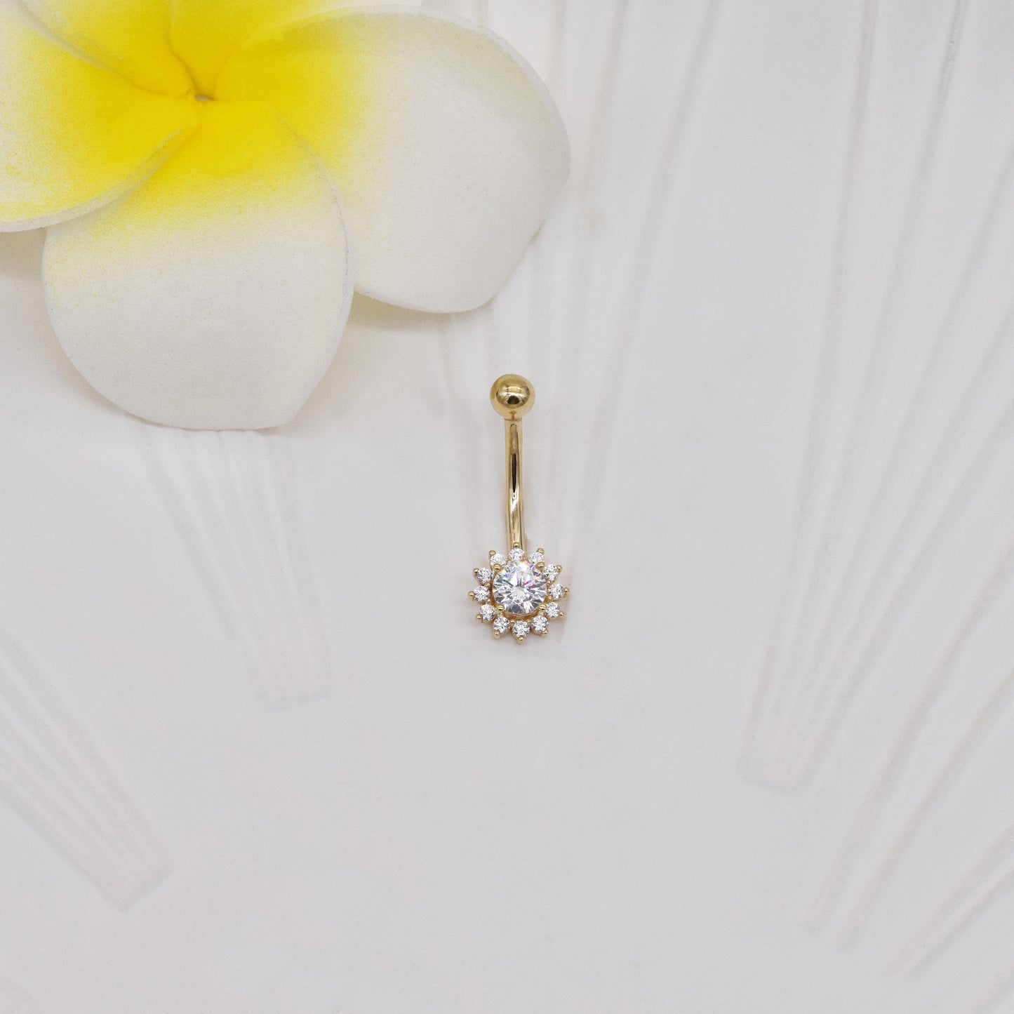 14K Solid Gold Flower Rook Curved Barbell Sunflower Belly Ring 16g