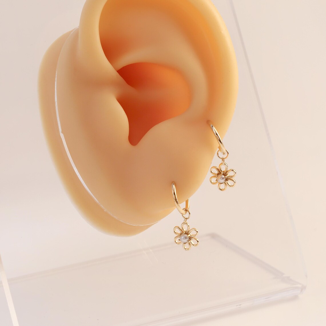 14K Solid Gold Flower Dangle Hoop Earring Charm