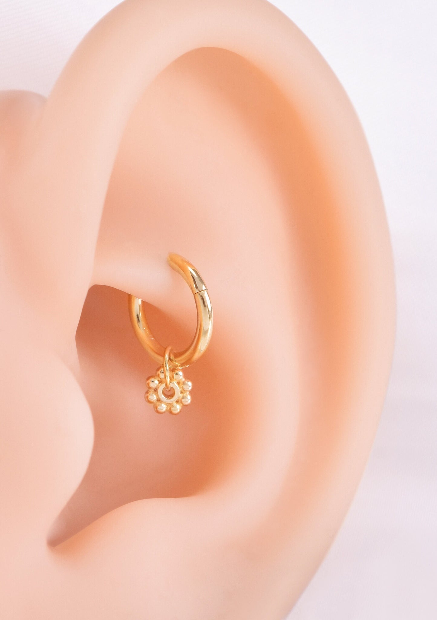 14K Solid Gold Flower Charm Earring Tiny Dot & Circle Stud for Cartilage