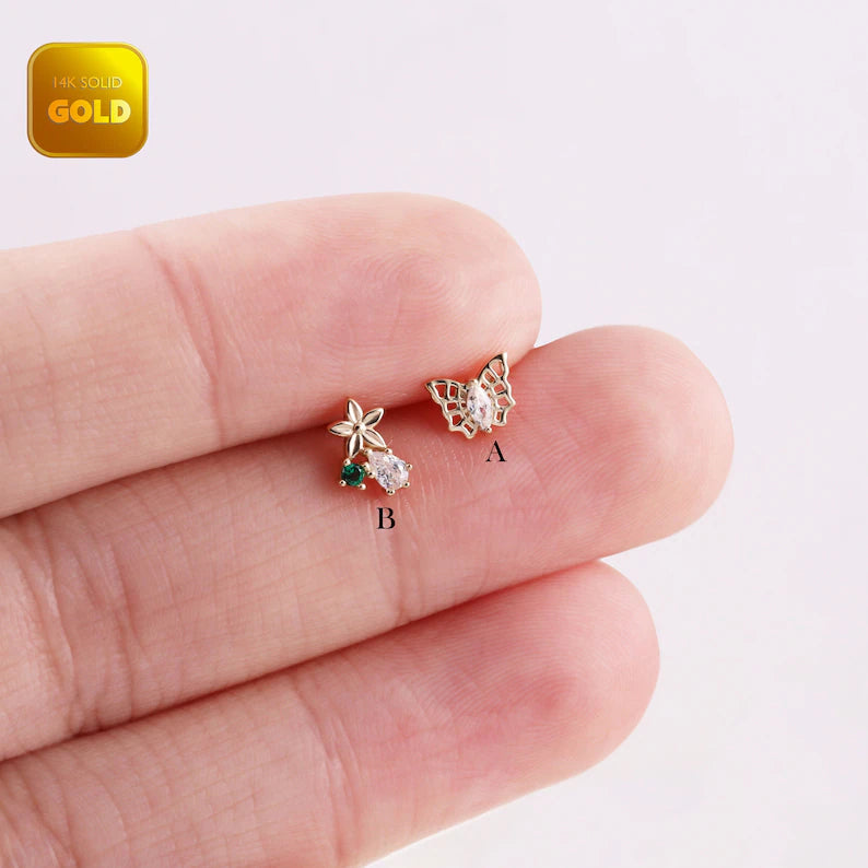 14K Gold Butterfly Cartilage Stud Flat Back