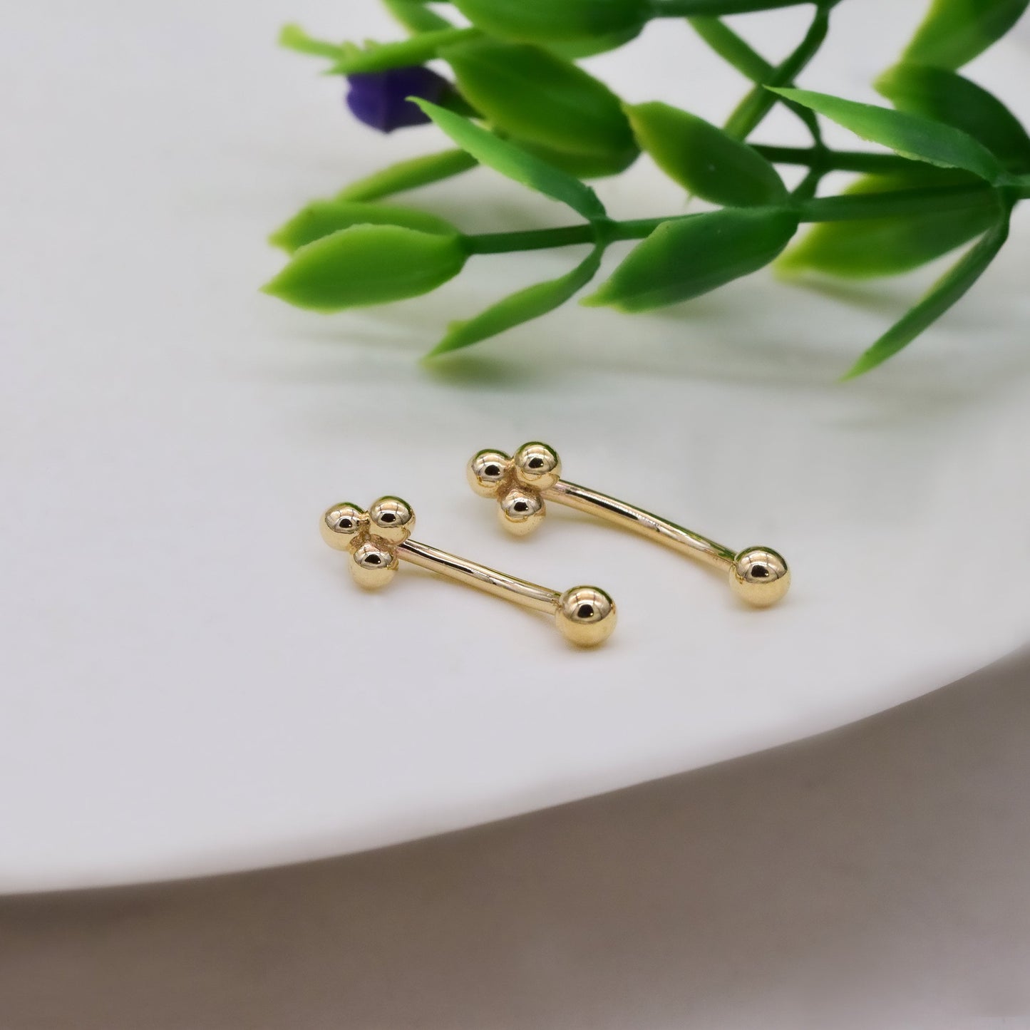 14K Solid Gold Trinity Ball Curved Barbell Earring 16G