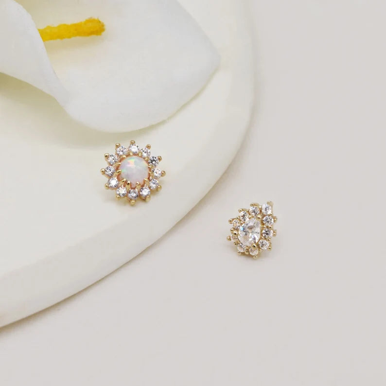 14K Gold Opal Sunflower Stud Cartilage Earring