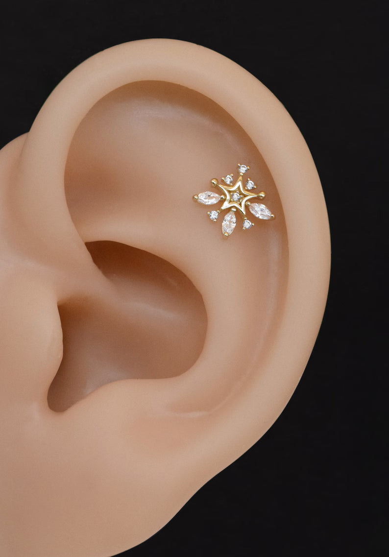 14K Gold Snowflake Cartilage Stud