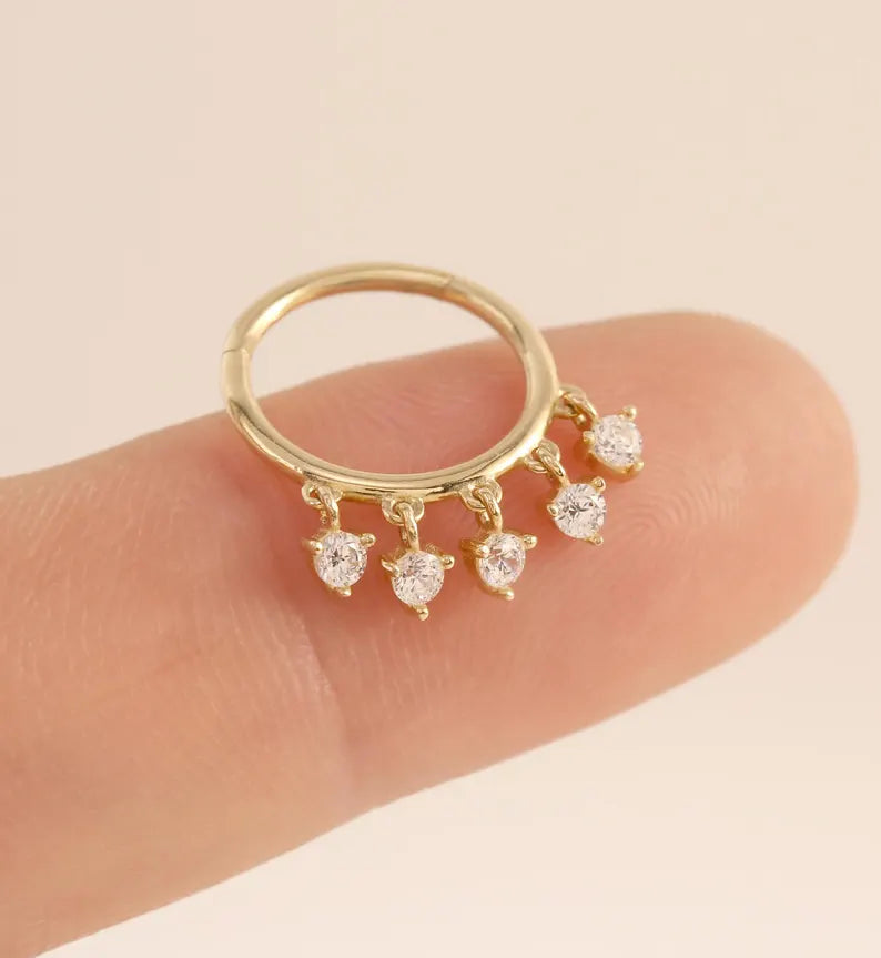 14K Gold Heart Dangle Cartilage Septum Helix Hoop 16g 6/8/10mm