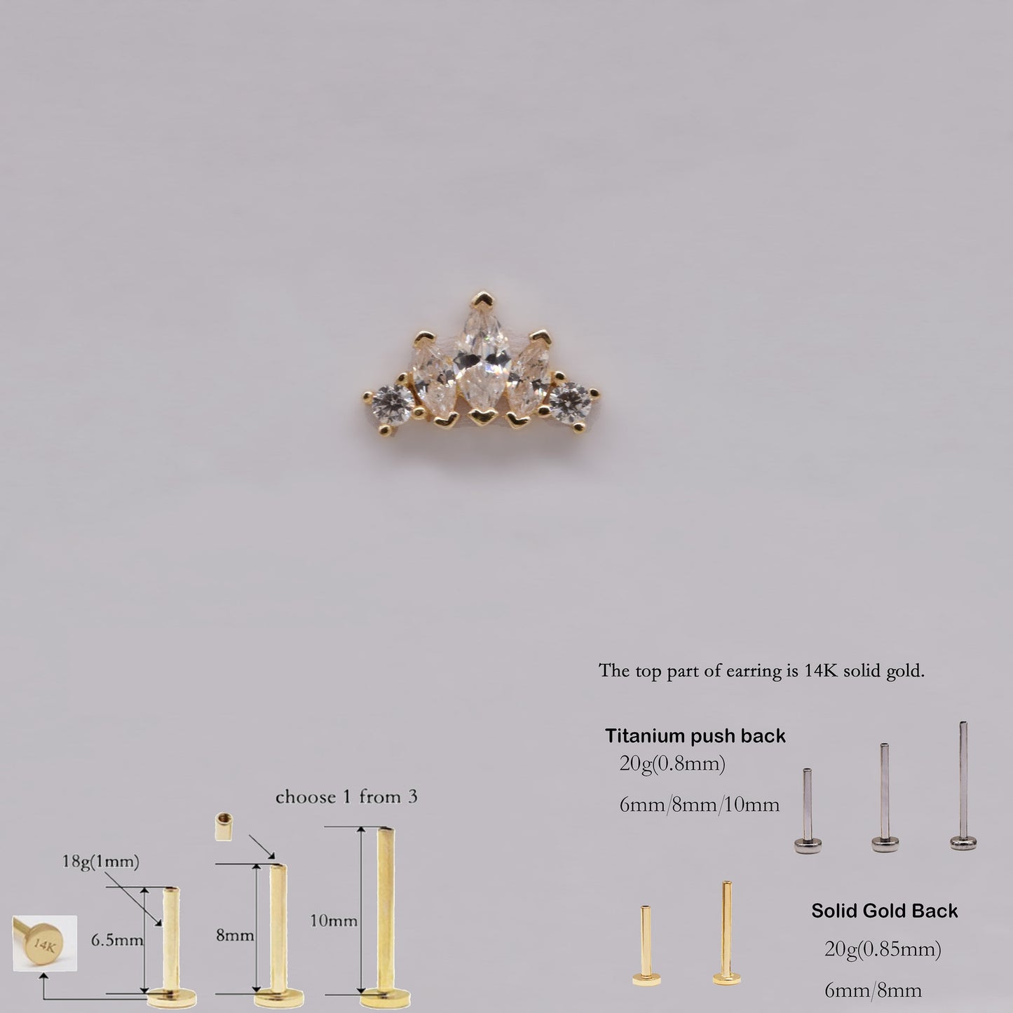 14K Solid Gold Threadless Climber Earring Helix Conch Tragus Stud