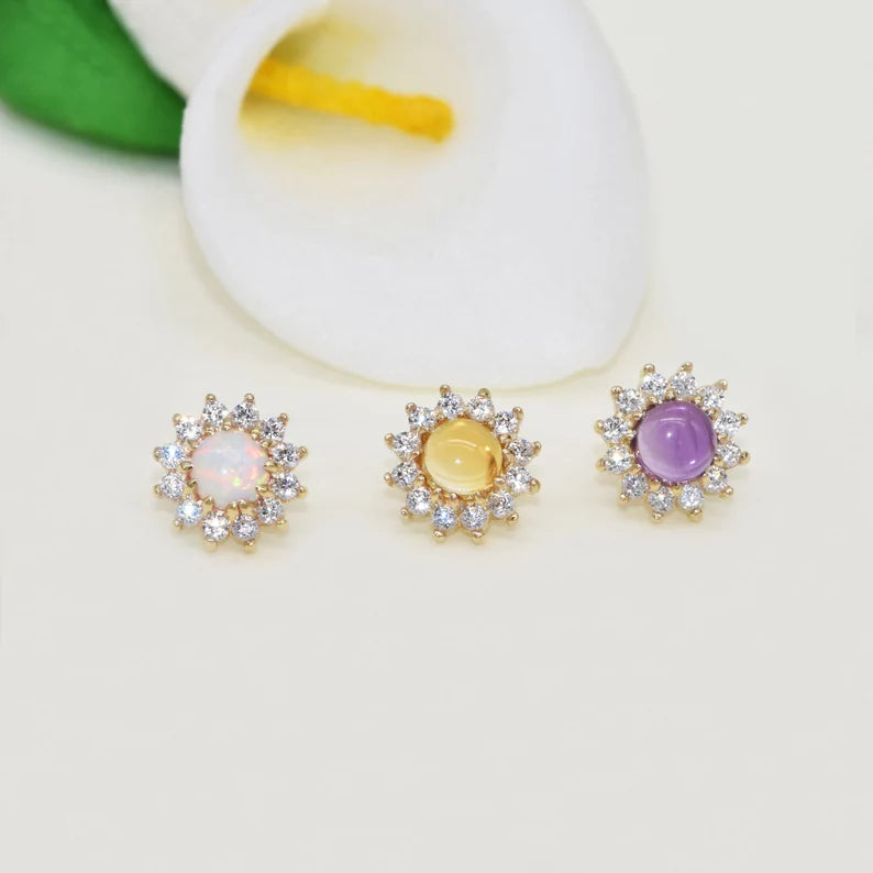 14K Gold Sunflower Opal Cartilage Stud Earring