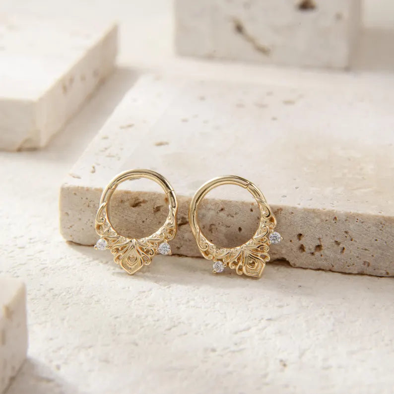 14K Solid Gold Floral Septum Hoop