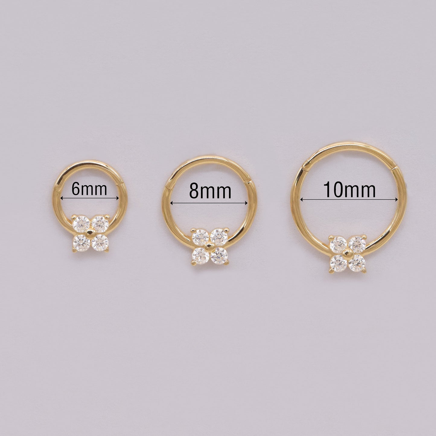 14K Solid Gold Flower Hoop Clicker Diamond Nose Ring Septum 18G