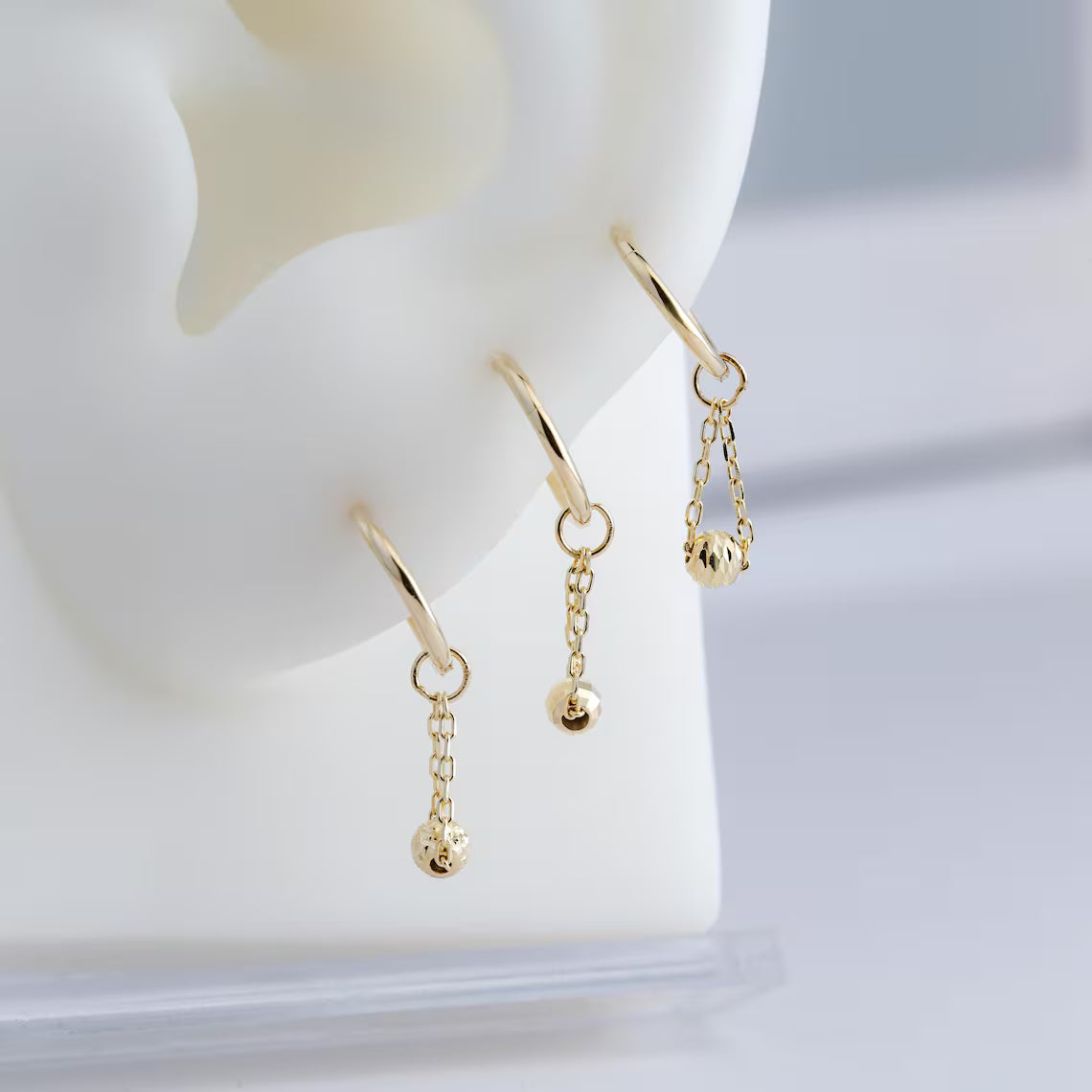 14K Gold Dangle Ball Hoop Earring
