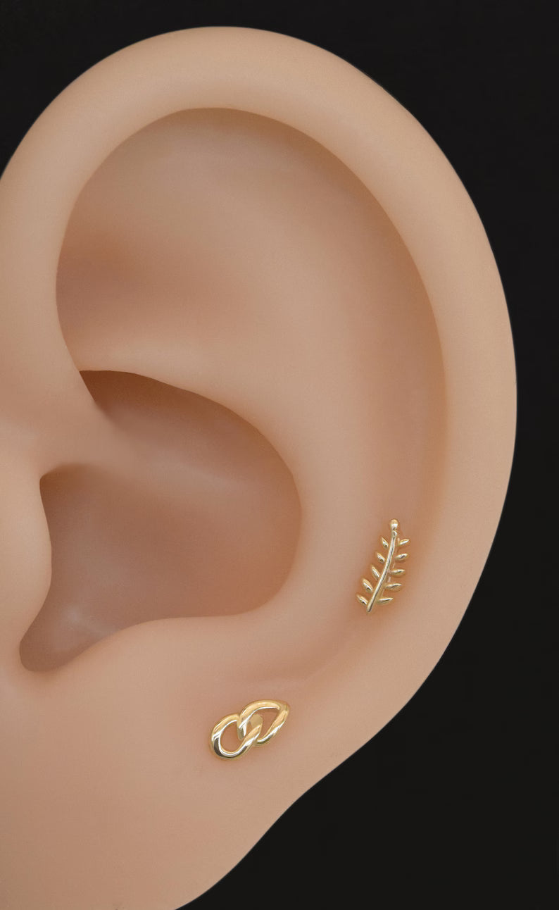 14K Gold Leaf Cartilage Stud Earring