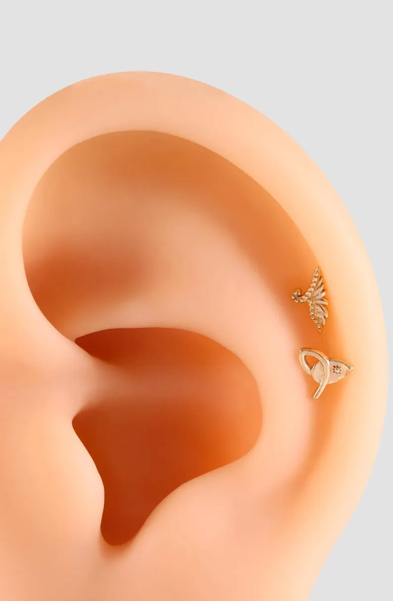14K Gold Grass Leaf Cartilage Stud Flat Back Earring