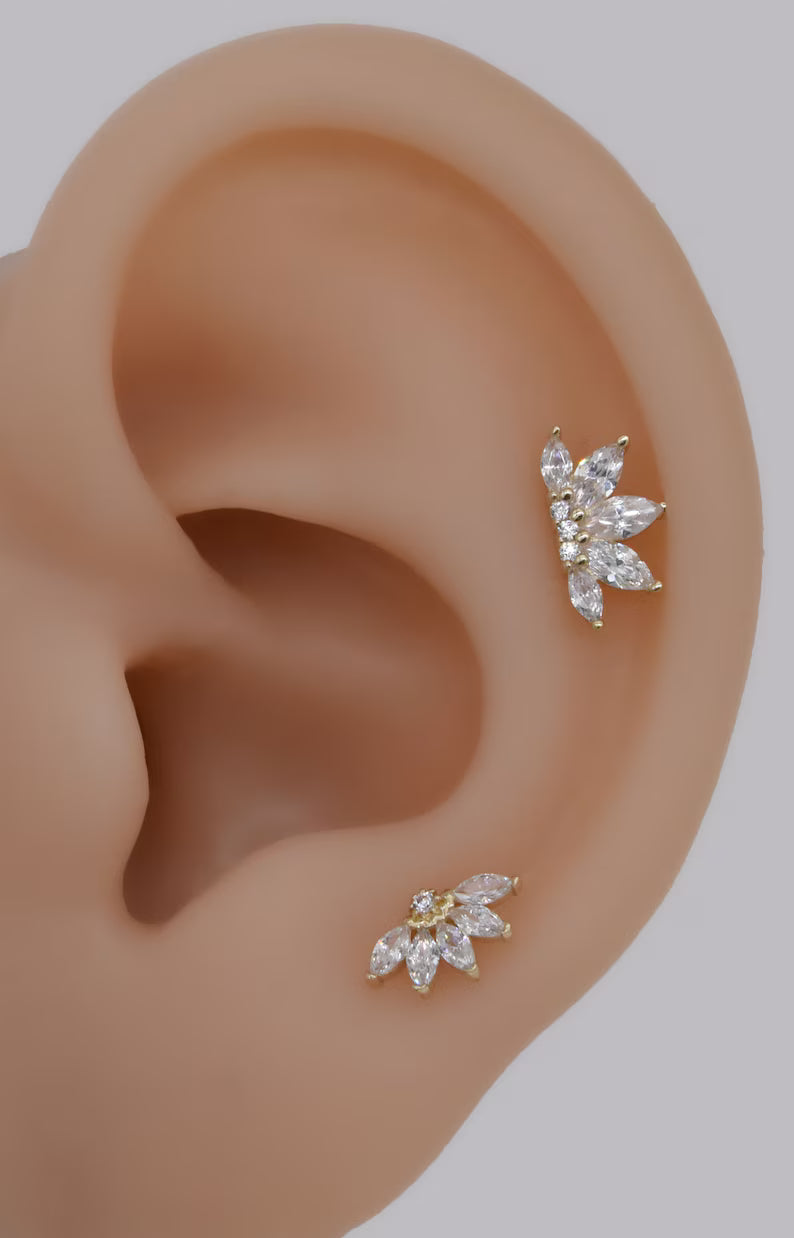 14K Gold Marquise Lotus Cartilage Stud