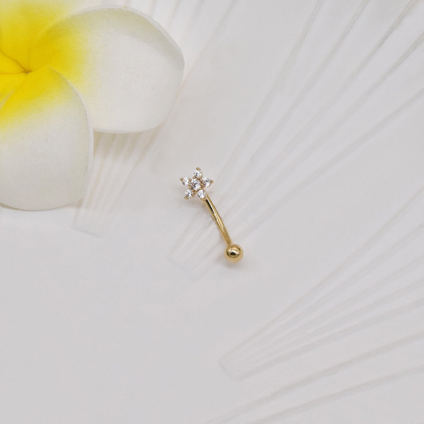 14K Solid Gold Flower Rook Earring Navel Barbell 16G Gift for Her