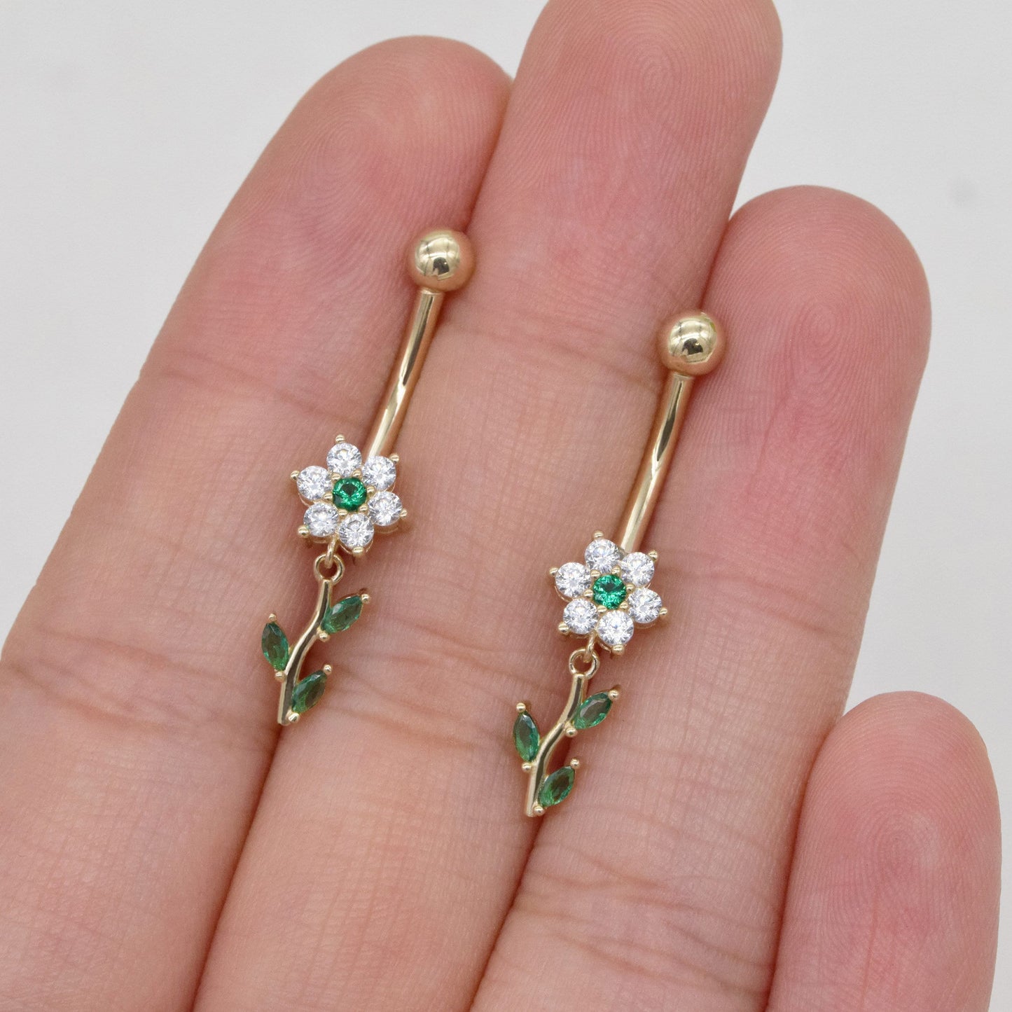 14K Solid Gold Flower Belly Ring Dangly Navel Piercing 14G