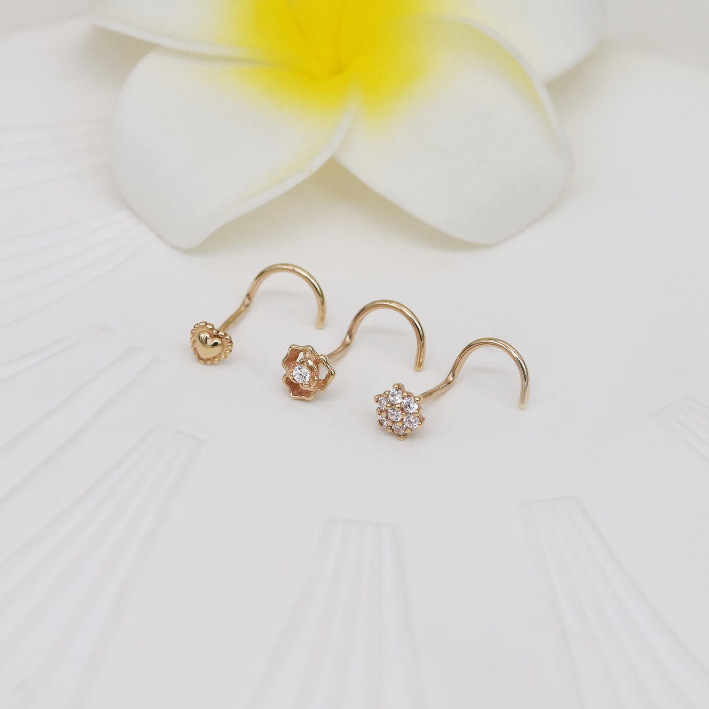 14K Solid Gold Flower Heart Nose Stud Diamond Screw Back 20G Gift for Her