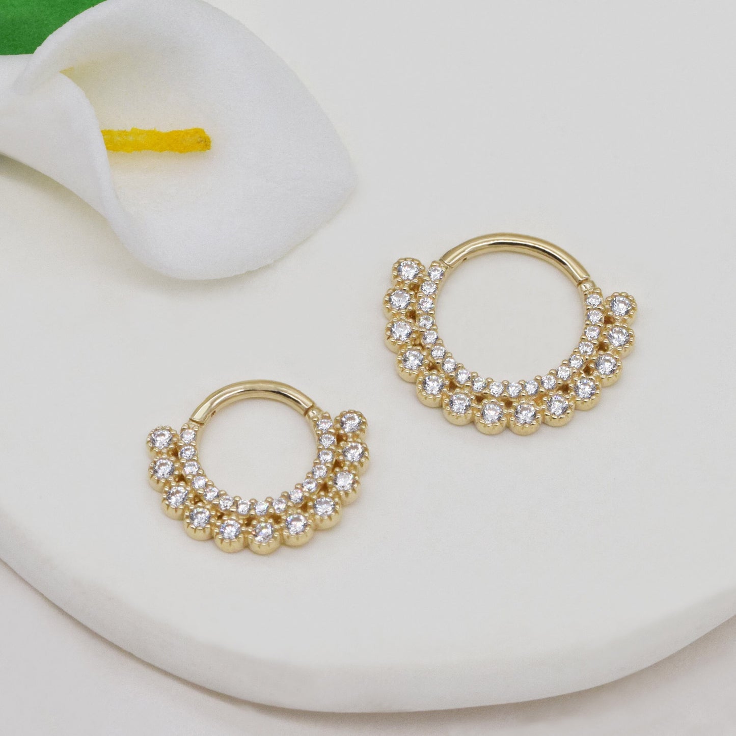 14K Solid Gold Double Row Septum Cubic Zirconia Daith Hoop 16g