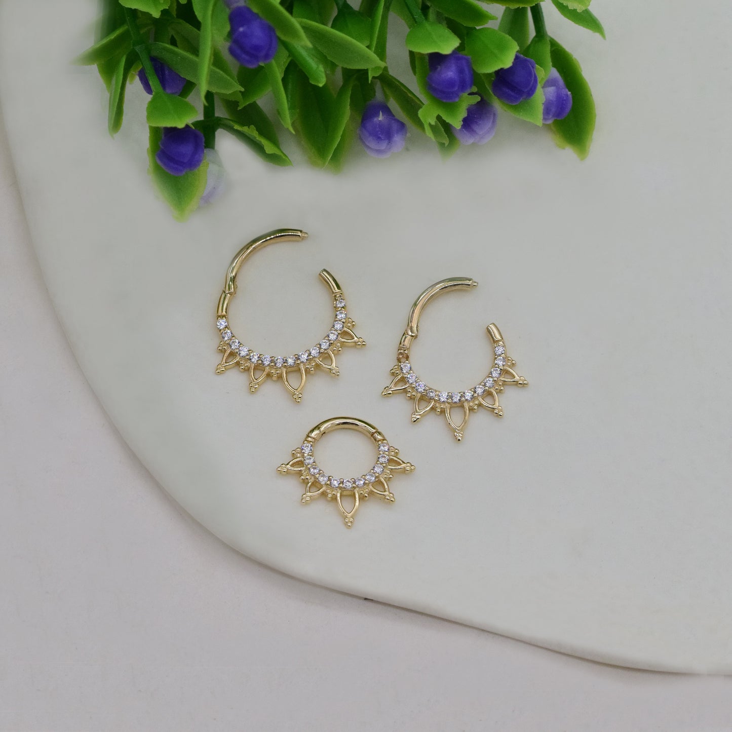 14K Solid Gold Lotus Flower Cartilage Clicker Septum Hoop 16G