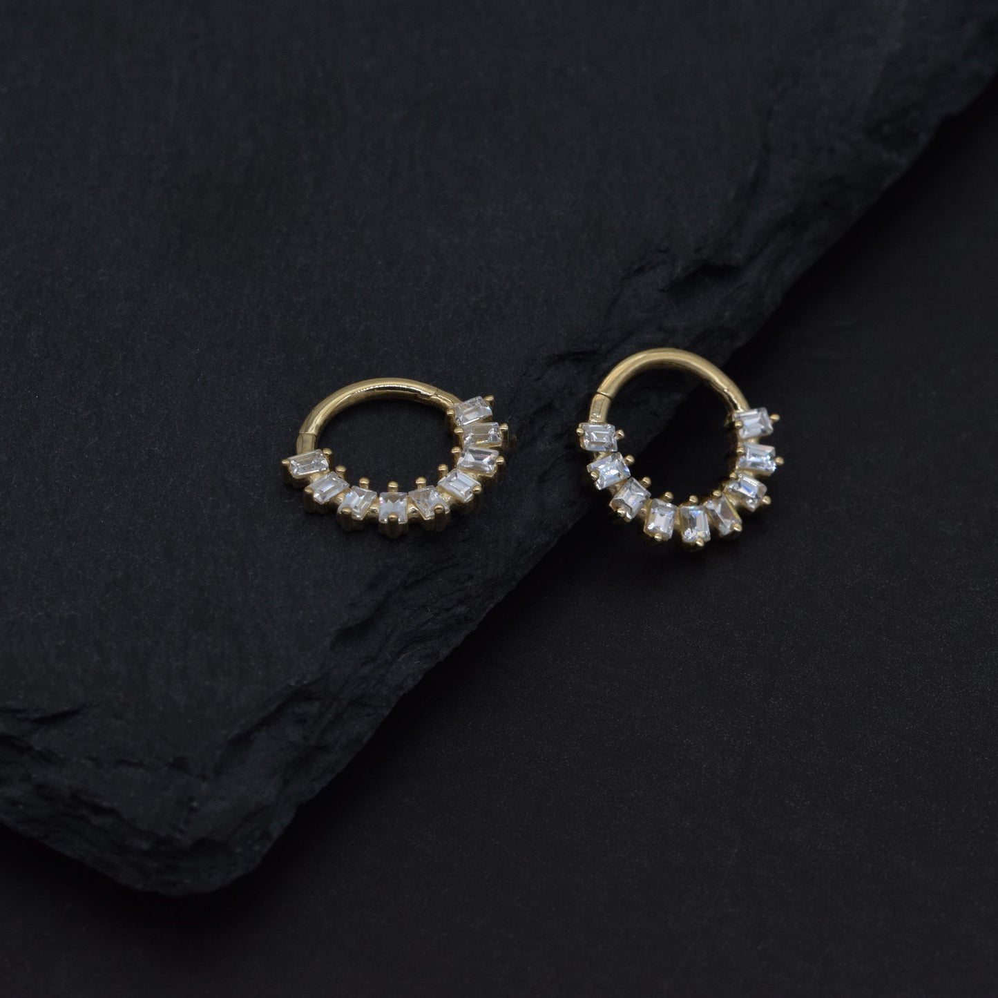14K Solid Gold Baguette Zircon Hoop Earring 18g