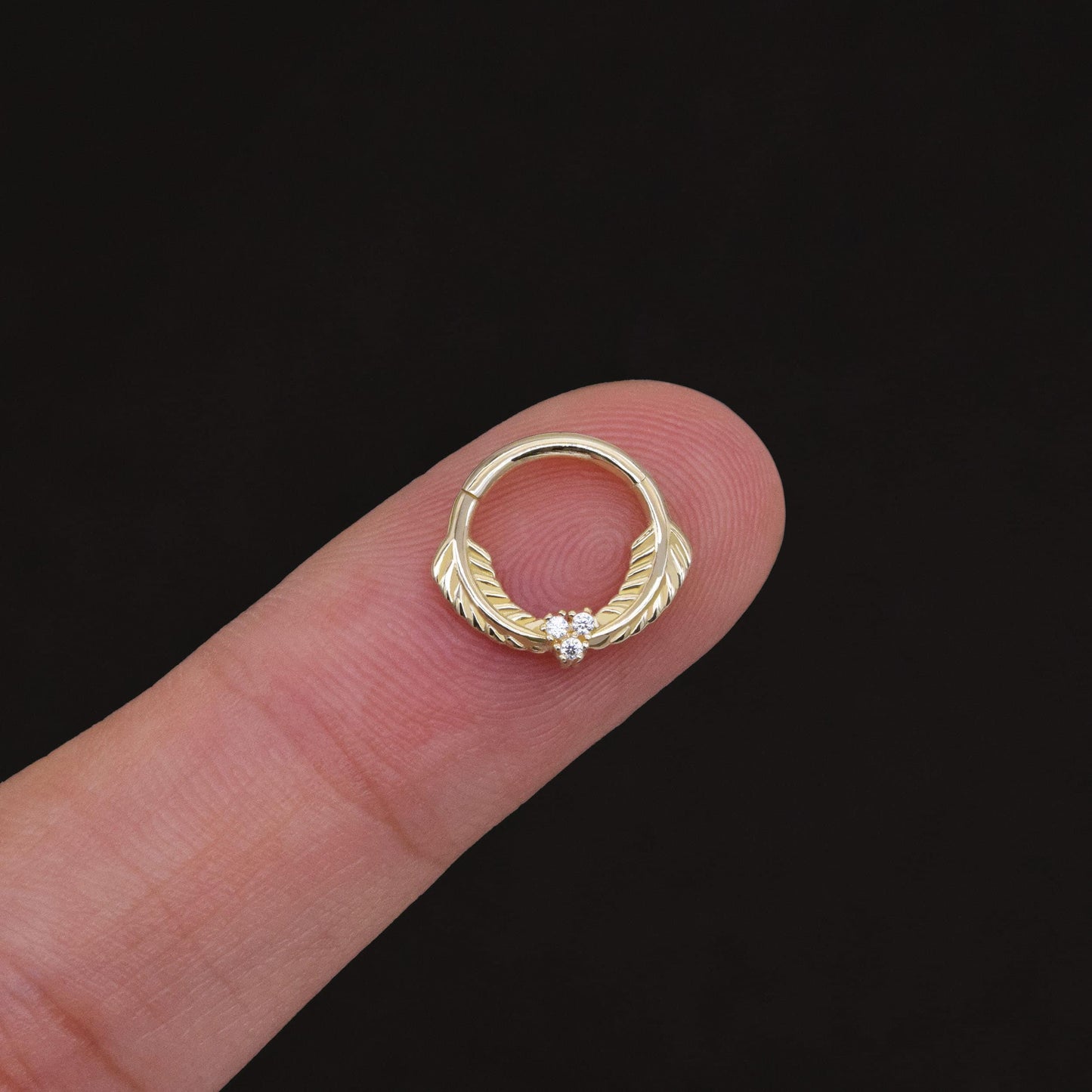 14K Solid Gold Cartilage Hoop Leaf Opal Clicker 16G